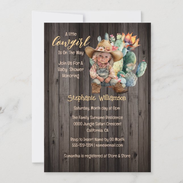 Invitación Cowgirl desierto cactus flor de madera bebé ducha (Anverso)