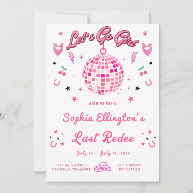 Invitación Cowgirl Disco Bachelorette Weekend Itinerary (Anverso)