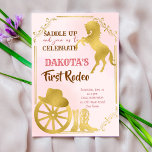 Invitación Cowgirl first rodeo pink and gold birthday invite<br><div class="desc">Cowgirl first rodeo pink and gold birthday invitation template. Golden horse, cowgirl shoes, hat and a wheel, nice for horse lovers for cowgirl, ranch, farm themed birthdays. Congratulations! What an exciting occasion - your first rodeo! We have the perfect birthday invitation for you. Our pink and gold cowgirl-themed birthday invitation...</div>