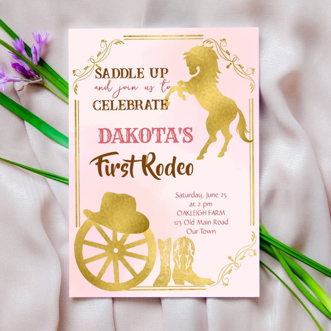 Invitación Cowgirl first rodeo pink and gold birthday invite (Subido por el creador)