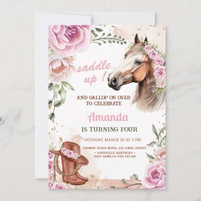 Invitación Cowgirl Party Horse birthday (Anverso)