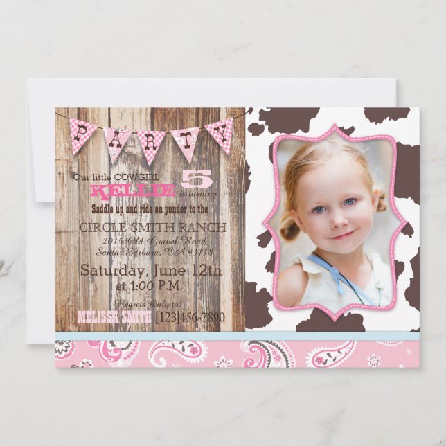 Invitación Cowgirl Pink Bandanna Tema Occidental Cumpleaños (Anverso)