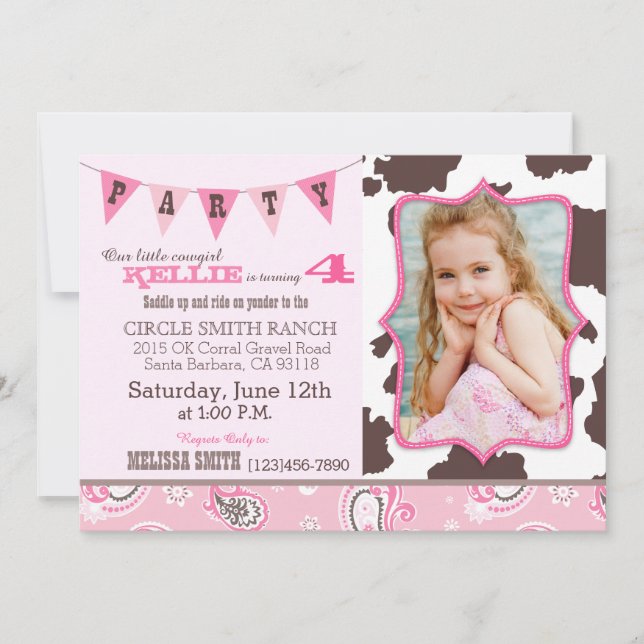 Invitación Cowgirl Pink Bandanna Tema Occidental Cumpleaños (Anverso)