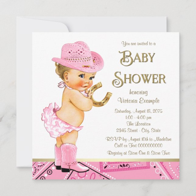 Invitación Cowgirl Pink Gold Horseshoe Cowgirl Baby Shower (Anverso)