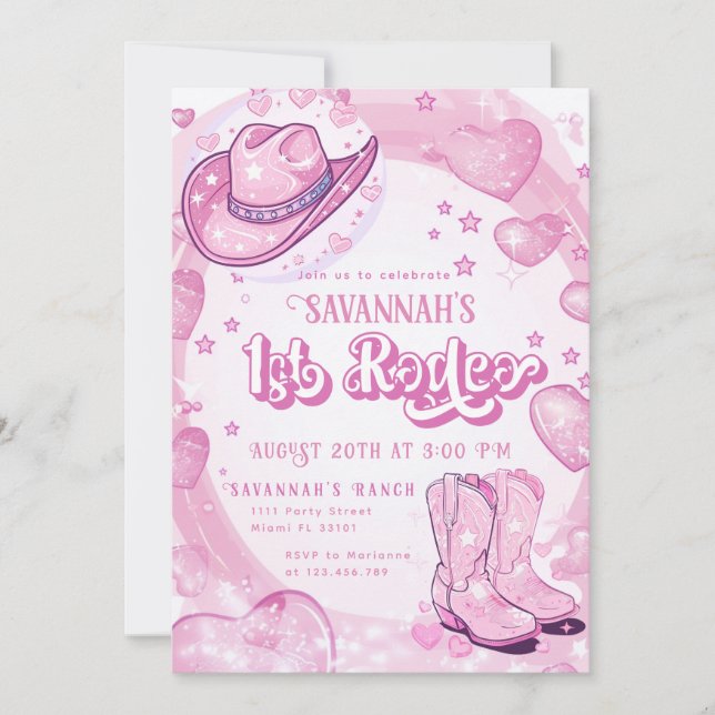 Invitación Cowgirl Pink primer rodeo primer cumpleaños (Anverso)