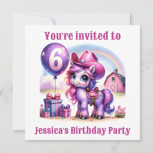 Invitación Cowgirl Pony, cumpleaños de 6 años (Anverso)