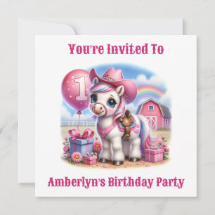 Invitación Cowgirl Pony, cumpleaños de un año