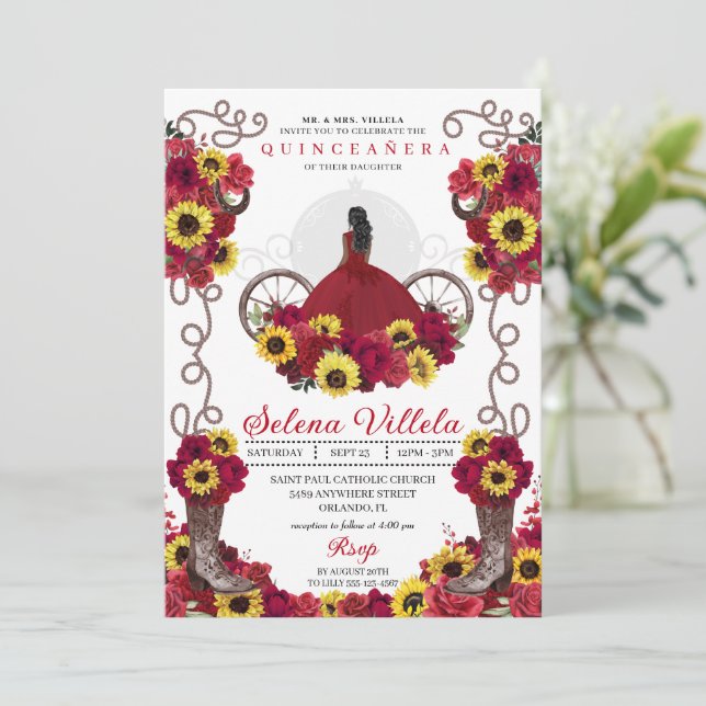 Invitación Cowgirl Sunflowers Rosas Western Quinceanera (Anverso de pie)