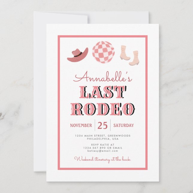 Invitación Cowgirl Último Rodeo Rosa Disco Bachelorette Weeke (Anverso)