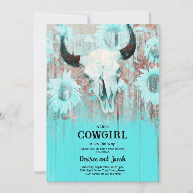 Invitación Cowgirl Western Country Floral Teal Baby Shower (Anverso)