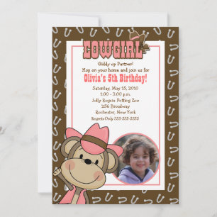 Invitación Cowgirl Western Monkey 5x7 *FOTO* Cumpleaños