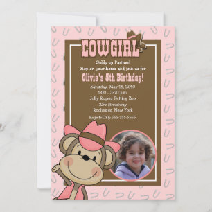 Invitación Cowgirl Western Monkey 5x7 *FOTO* Cumpleaños