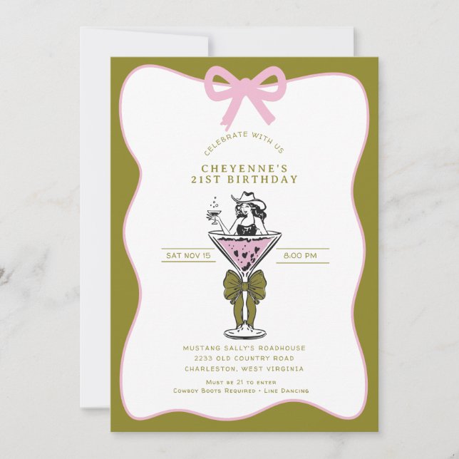 Invitación Cowgirl Whimsical Hand dibujó el cumpleaños 21 (Anverso)