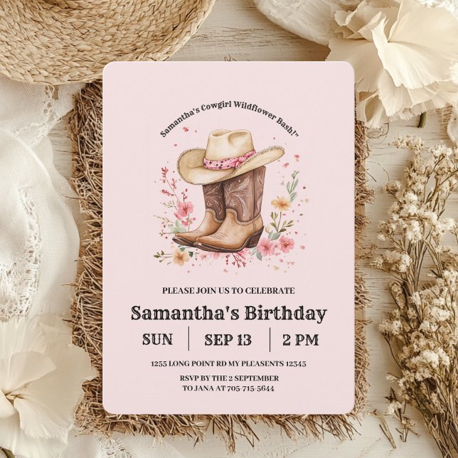 Invitación Cowgirl Wildflowers Bash Birday | Occidental rosa (Subido por el creador)