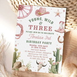 Invitación Cowgirl Young Wild & Three Birthday Invitation 
