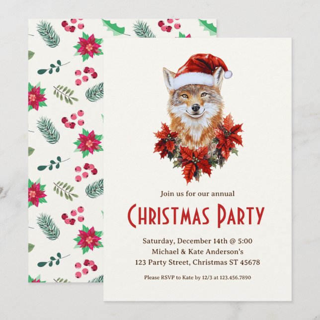 Invitación Coyote en un Fiesta de Navidades de Santa Hat Poin (Anverso / Reverso)