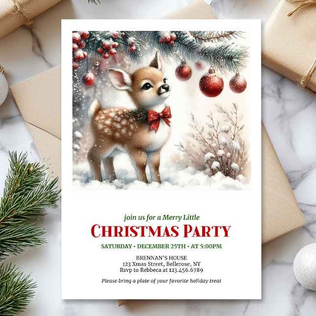 Invitación Cozy baby deer winter scene Christmas party invite (Cozy baby deer winter scene Christmas party invitation)