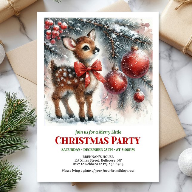 Invitación Cozy baby fawn winter scene printable Christmas  (Cozy baby fawn winter scene printable Christmas invite)