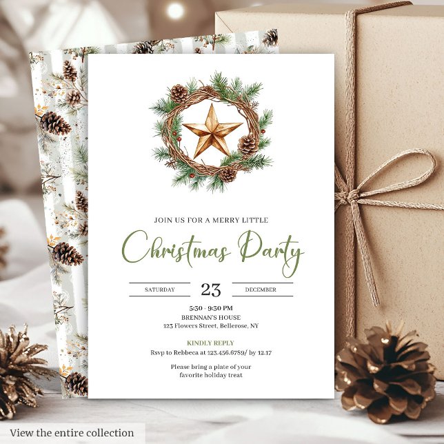 Invitación Cozy Bohemian Pine Wreath Minimalist Christmas  (Cozy Bohemian Pine Wreath Minimalist Christmas Invite)