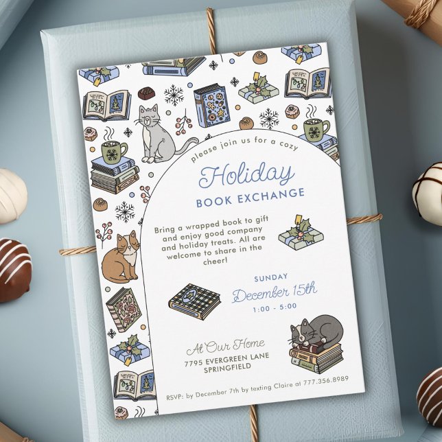 Invitación Cozy Cats Holiday Book Exchange Hand Drawn (Subido por el creador)