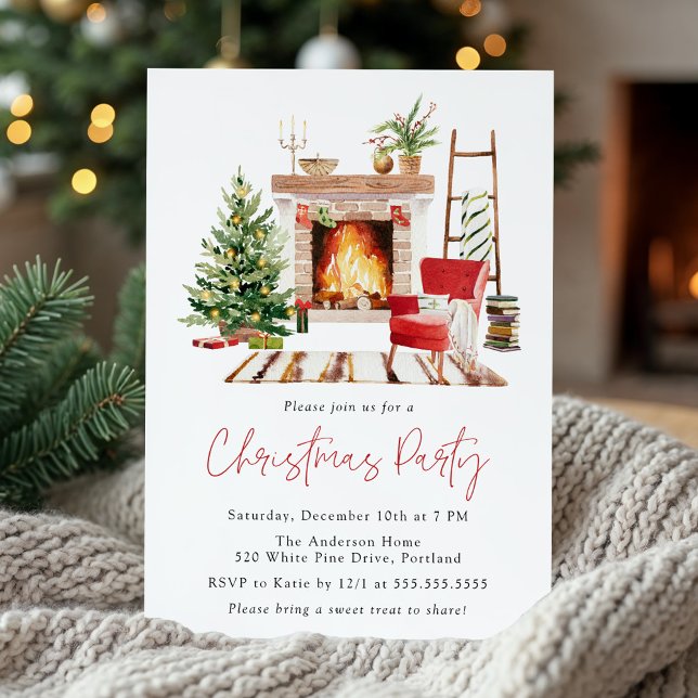 Invitación Cozy Christmas Tree and Fireplace Christmas Party (Subido por el creador)