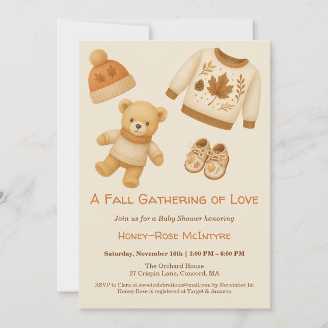 Invitación Cozy Fall Baby Shower | Neutral Cream & orange (Anverso)