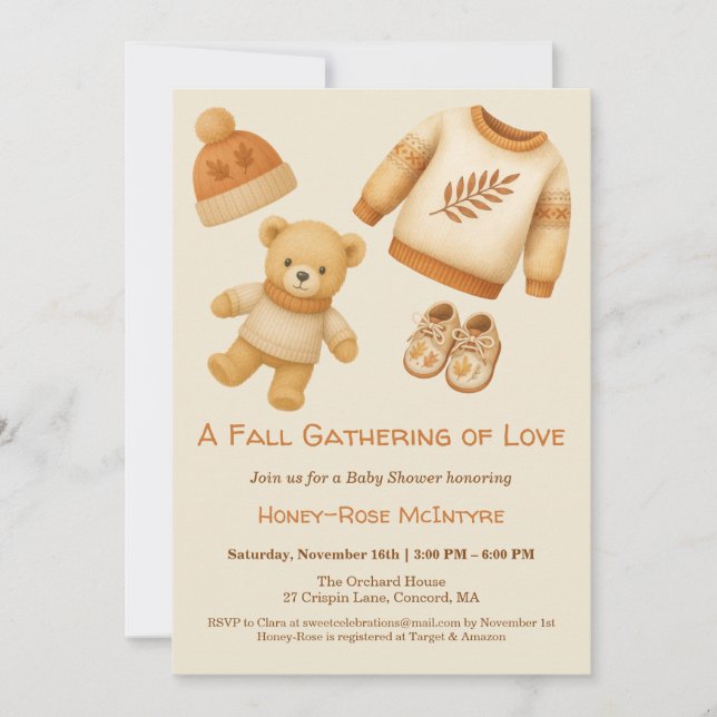 Invitación Cozy Fall Baby Shower | Neutral Cream & orange (Anverso)