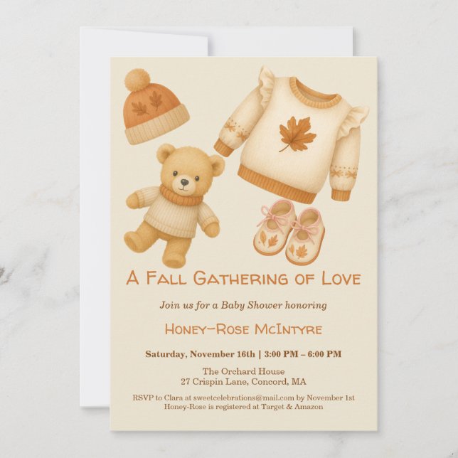 Invitación Cozy Fall Baby Shower | Neutral Cream & orange (Anverso)