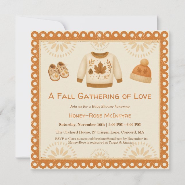 Invitación Cozy Fall Baby Shower | Neutral Cream & orange (Anverso)