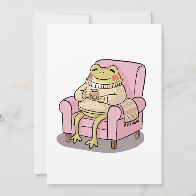 Invitación Cozy Frog Drinking Tea On Sofa Illustration (Anverso)