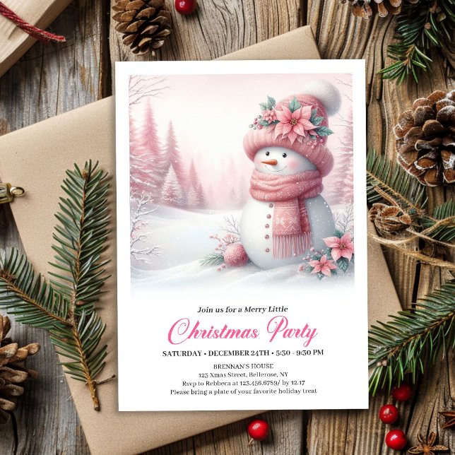 Invitación Cozy Pink Snowman Kids Editable Digital Christmas  (Cozy Pink Snowman Kids Editable Digital Christmas Invitation

)