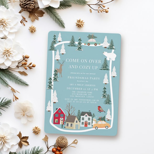 Invitación Cozy Up Blue Snowy Village Christmas Holiday Party (Subido por el creador)