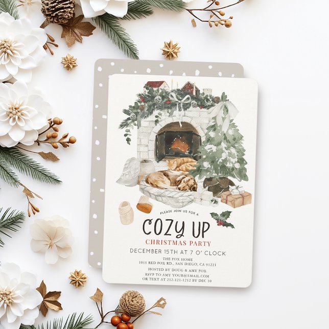 Invitación Cozy Up Fireplace Cat Dog Christmas Holiday Party (Subido por el creador)