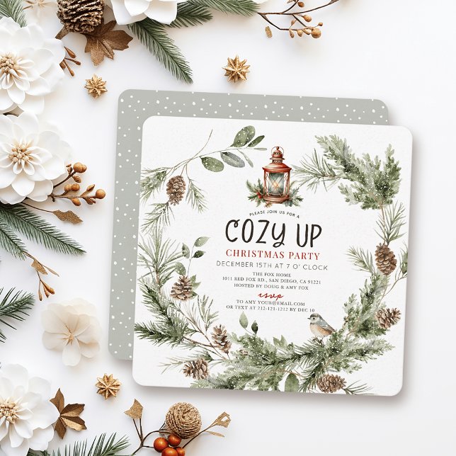 Invitación Cozy Up Greenery Wreath Christmas Holiday Party (Subido por el creador)