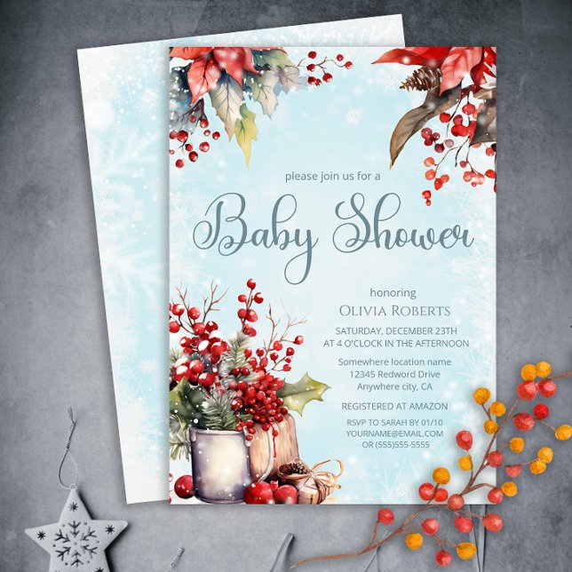 Invitación Cozy Winter Rowan berry bouquet Baby Shower (Subido por el creador)