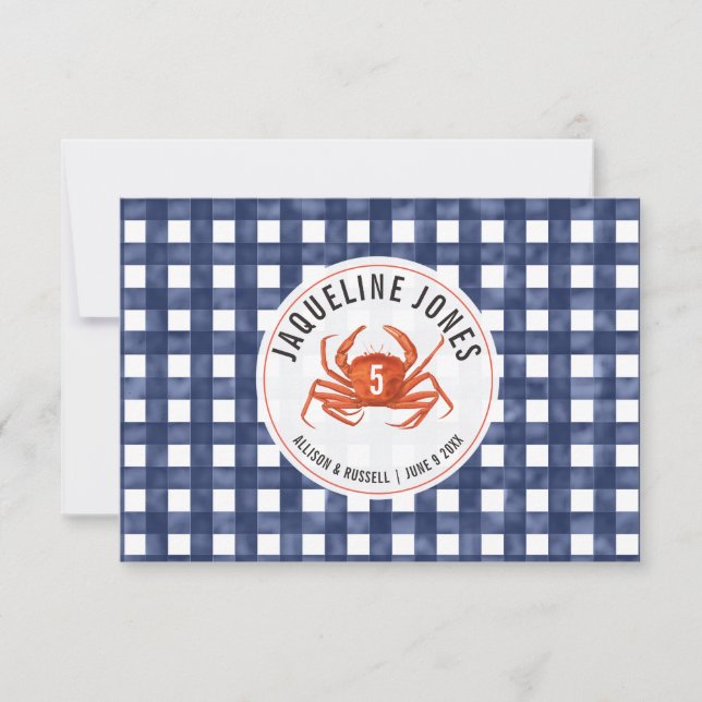 Invitación Crab Blue Gingham Boda Place Card Flat (Anverso)