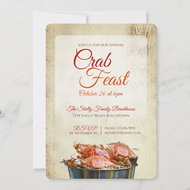 Invitación Crab Feast Coastal Seafood Dinner Rustic Beachy (Anverso)