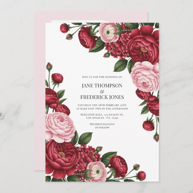 Invitación Cranberry & Blush Watercolor Floral Wedding Photo (Anverso / Reverso)