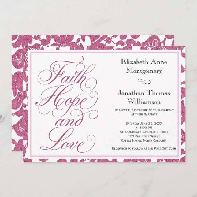 Invitación Cranberry Lace Script Faith Hope & Love Boda (Anverso / Reverso)