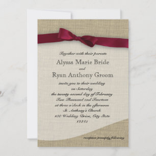 Invitación Cranberry Ribbon y Burlap Boda