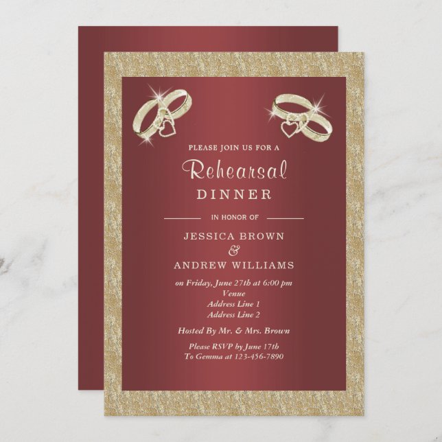 Invitación Cranberry, Sparkly Gold Rings Ensayo Cena (Anverso / Reverso)