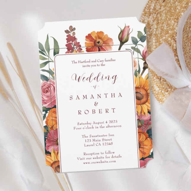 Invitación Cranberry Sunflower Floral Border Boda de Caída (Subido por el creador)