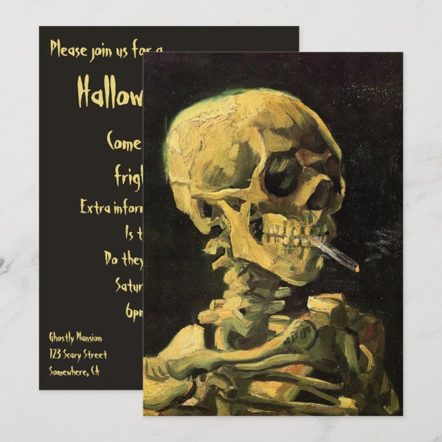 Invitación Cráneo con cigarrillo encendido de Van Gogh Hallow (Anverso / Reverso)