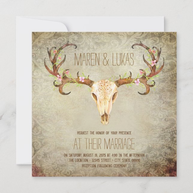 Invitación Cráneo de asta de venado Boda del suroeste (Anverso)