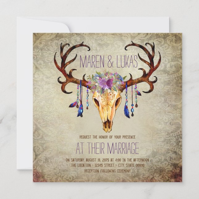 Invitación Cráneo de asta de venado boda rústica de campo (Anverso)