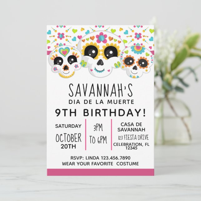 Invitación Cráneo de azúcar Dia de La Muerte Halloween Cumple (Anverso de pie)