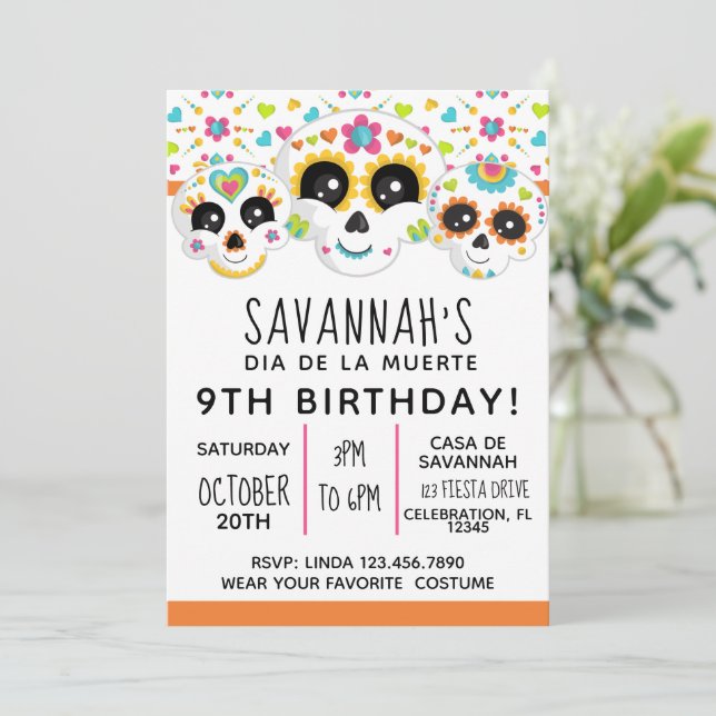 Invitación Cráneo de azúcar Dia de La Muerte Halloween Cumple (Anverso de pie)