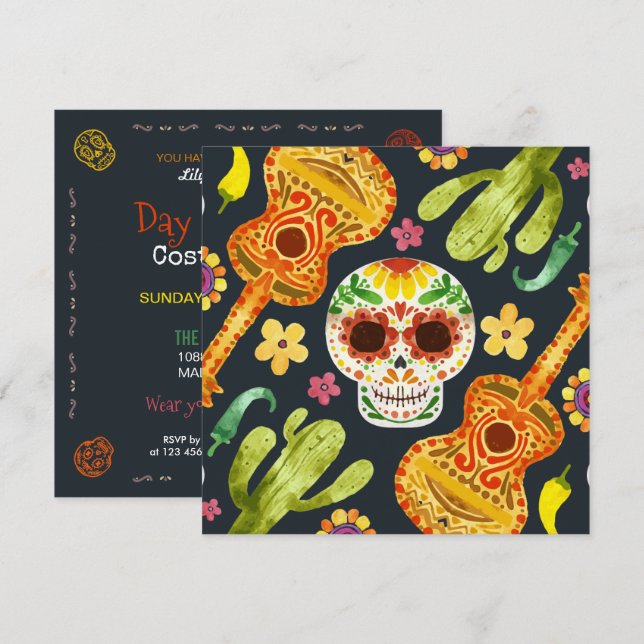 Invitación Cráneo de azúcar y Guitars Dia de Muertos Invitaci (Anverso / Reverso)