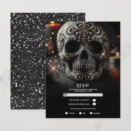 Invitación Cráneo de brillo glam negro purpurina gótico RSVP