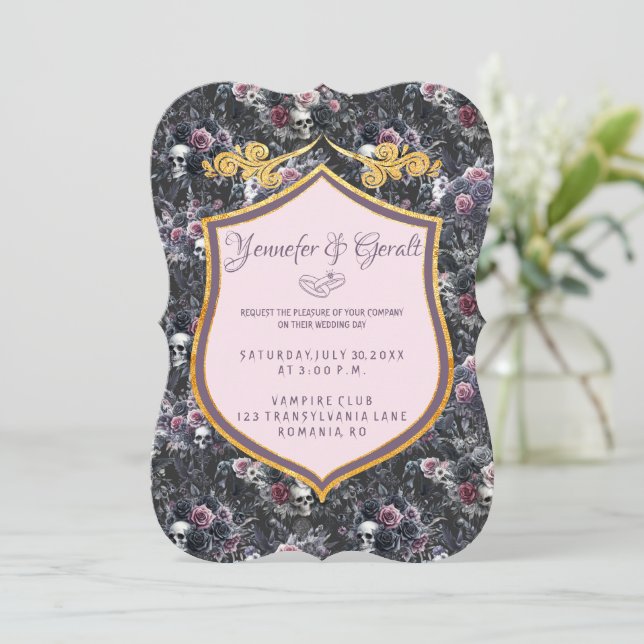 Invitación Cráneo de flor gótica romántica rosada (Anverso de pie)